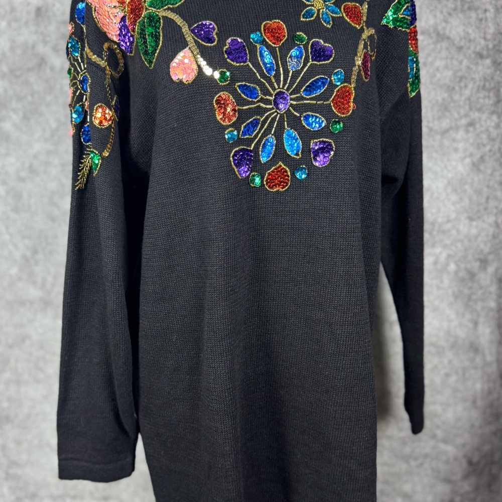 Vintage SML Sport Embellished Tunic Sweater M | Artwear Jewel Tone Beaded Floral - Picture 10 of 12